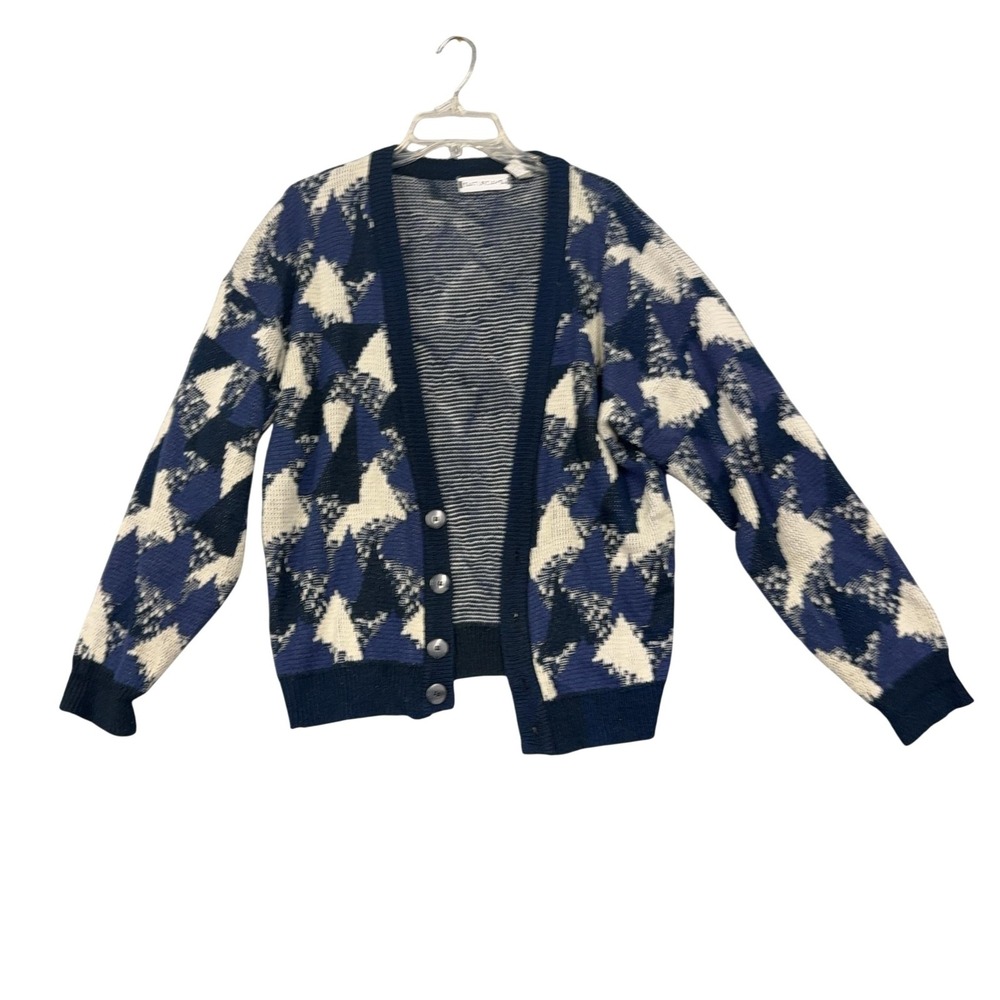 Saturdays Vintage Cardigan Sweater Unisex Small Blue Geometric Button Knit